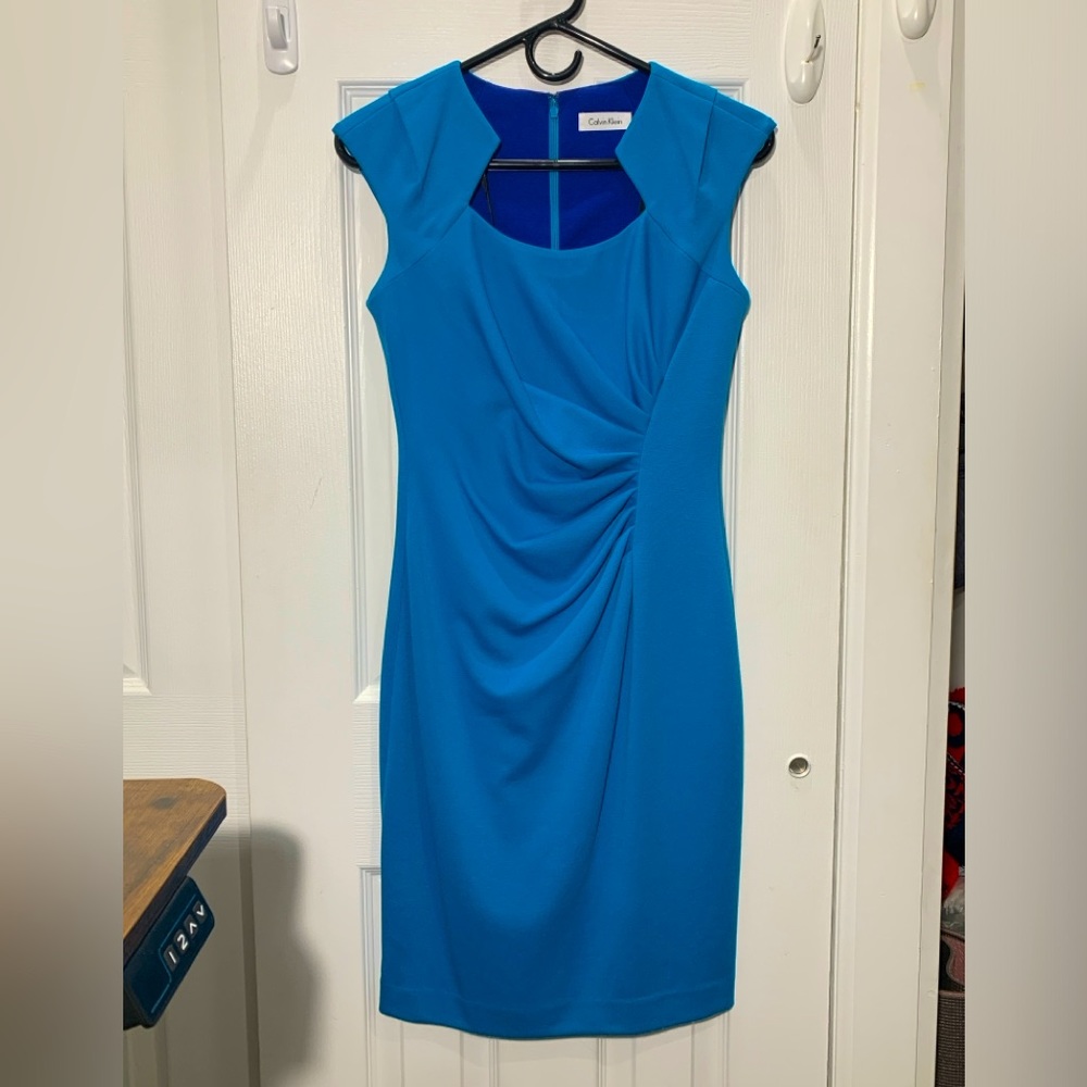 Calvin Klein vibrant teal cocktail dress with unique collar